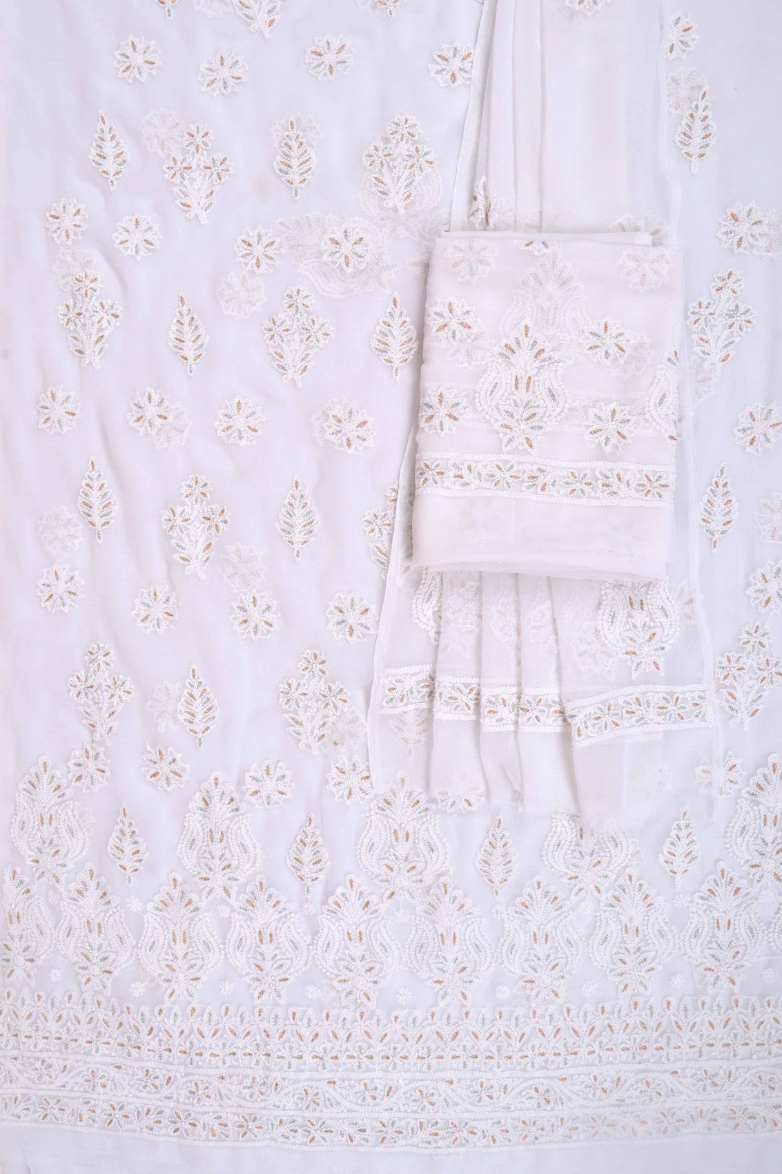 Ada Hand Embroidered White Georgette Lucknowi Chikankari Unstitched Suit Piece With Zari Work 01A69620