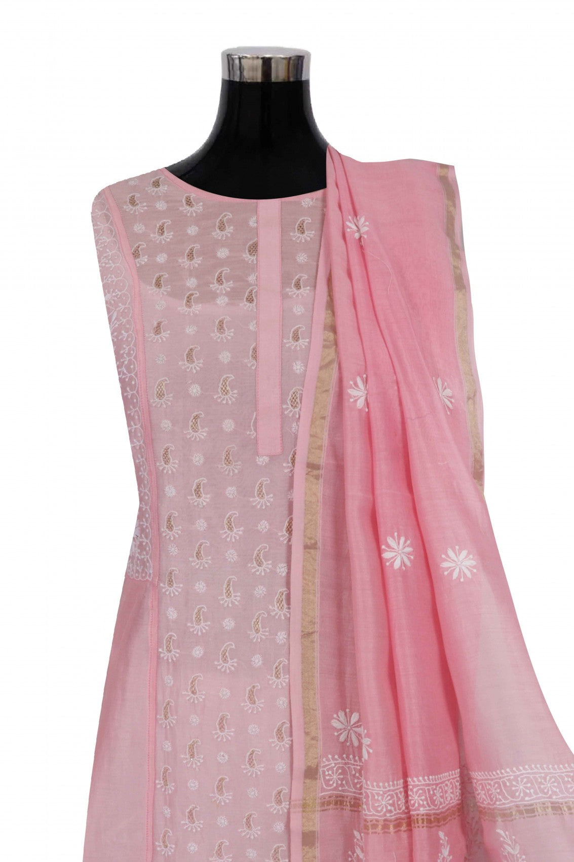 Ada Hand Embroidered Powder Pink Chanderi Lucknowi Chikankari Semi-Stitched Anarkali Kurta Dupatta Set With Zari Work 01A248288
