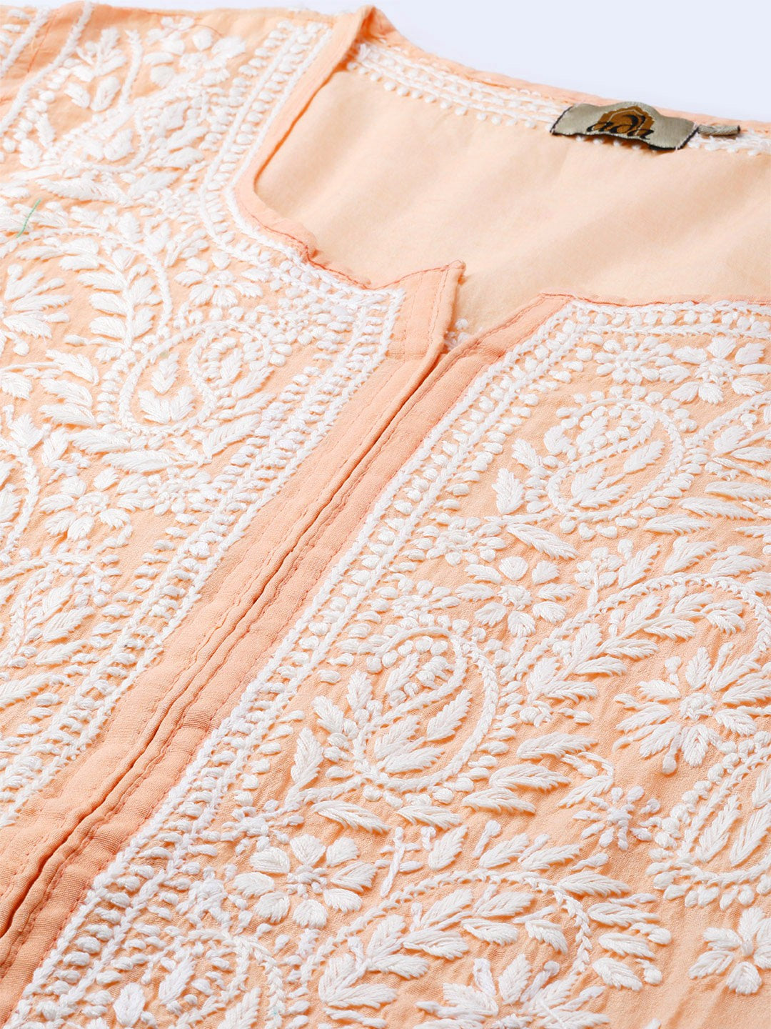 Ada Hand Embroidered Peach Chanderi Lucknowi Chikankari Straight Kurta A100484