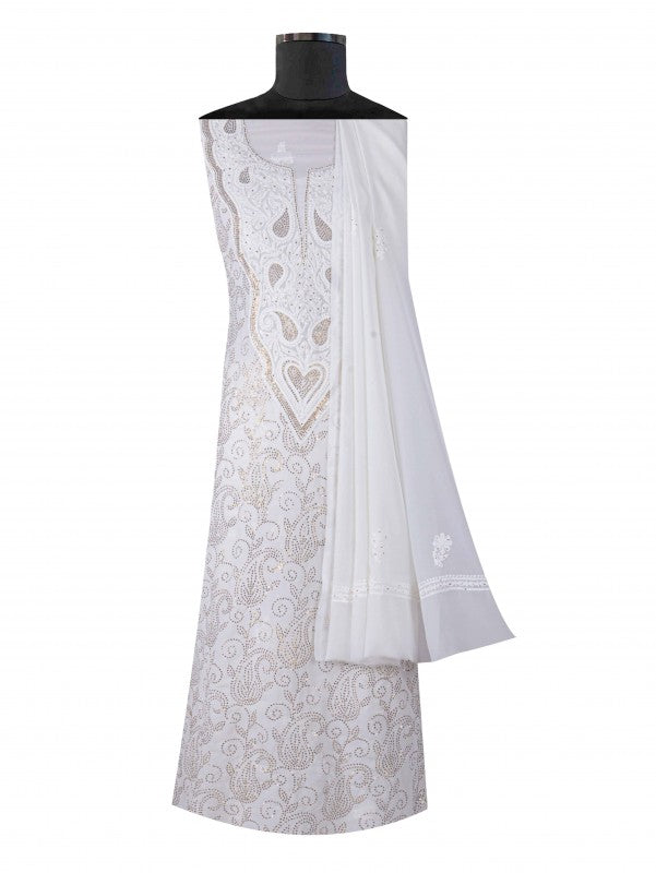 Ada Hand Embroidered White Georgette Lucknowi Chikankari Unstitched Kurta Dupatta Set With Muqaish Work A298860