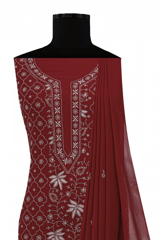 Ada Hand Embroidered Maroon Pure Georgette Lucknowi Chikan Unstitched Kurta Dupatta- A602113