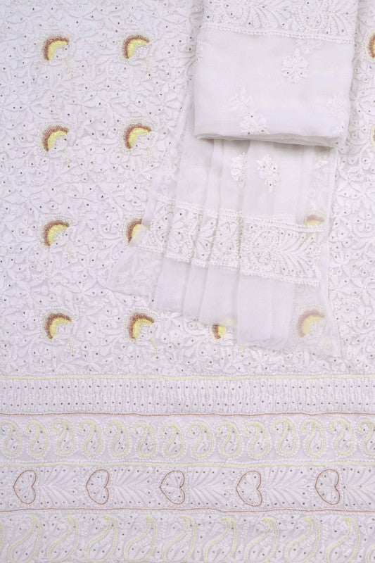 Ada Hand Embroidered White Georgette Lucknowi Chikankari Unstitched Suit Piece With Muqaish Work A423665