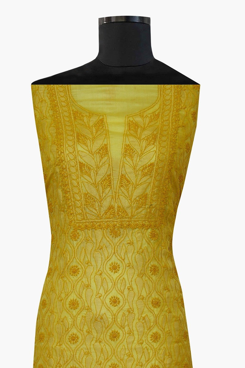 Ada Hand Embroidered Butter Yellow Tusser Silk Chikan Unstitched Kurta Piece A584789