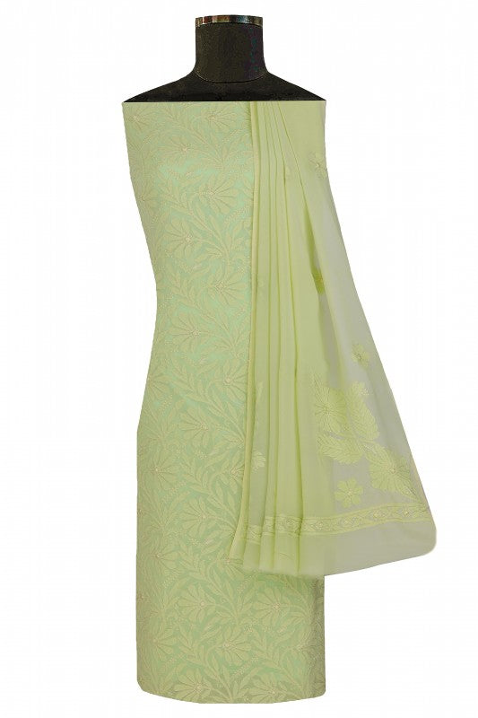 Ada Hand Embroidered Pista Green Georgette Lucknowi Chikan Unstitched Kurta Dupatta Set A611679