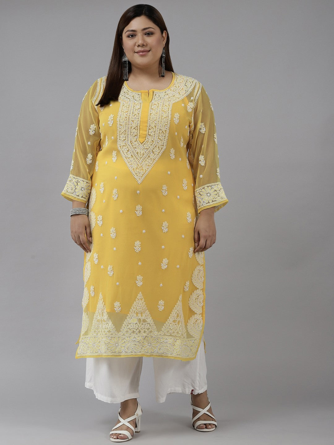 Ada Hand Embroidered Yellow Georgette Lucknowi Chikankari Straight Kurta With Slip A411195