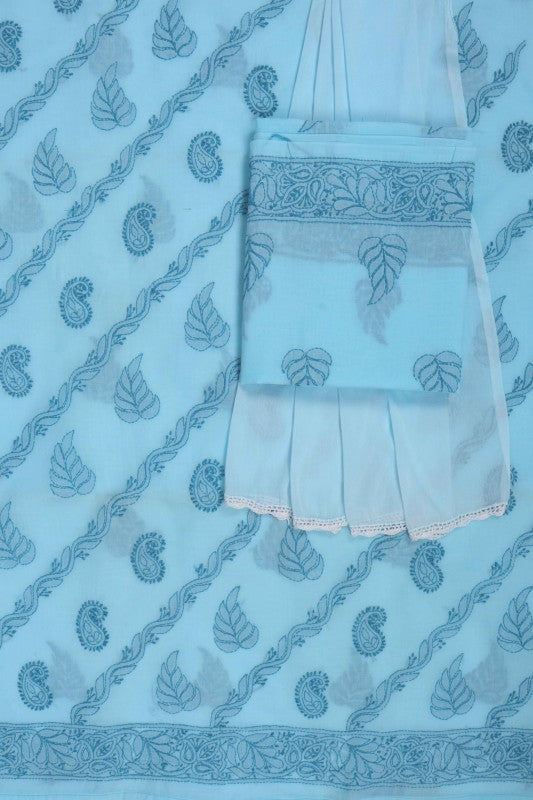 Ada Hand Embroidered Sky Blue Cotton Lucknowi Chikan Unstitched Suit Piece A580733
