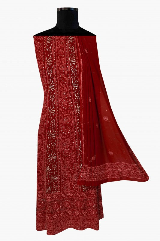 Ada Hand Embroidered Maroon Pure Georgette Lucknowi Chikankari Semi-stitched Anarkali Kurta Dupatta Set With Muqaish Work-A617645
