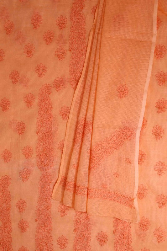 Ada Hand Embroidered Salmon Peach Kota Lucknowi Chikan Unstitched Kurta Dupatta Set-A596893