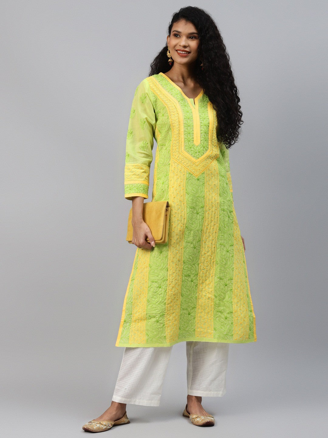 Ada Hand Embroidered Green Cotton Lucknow Chikan Kurta- A273453