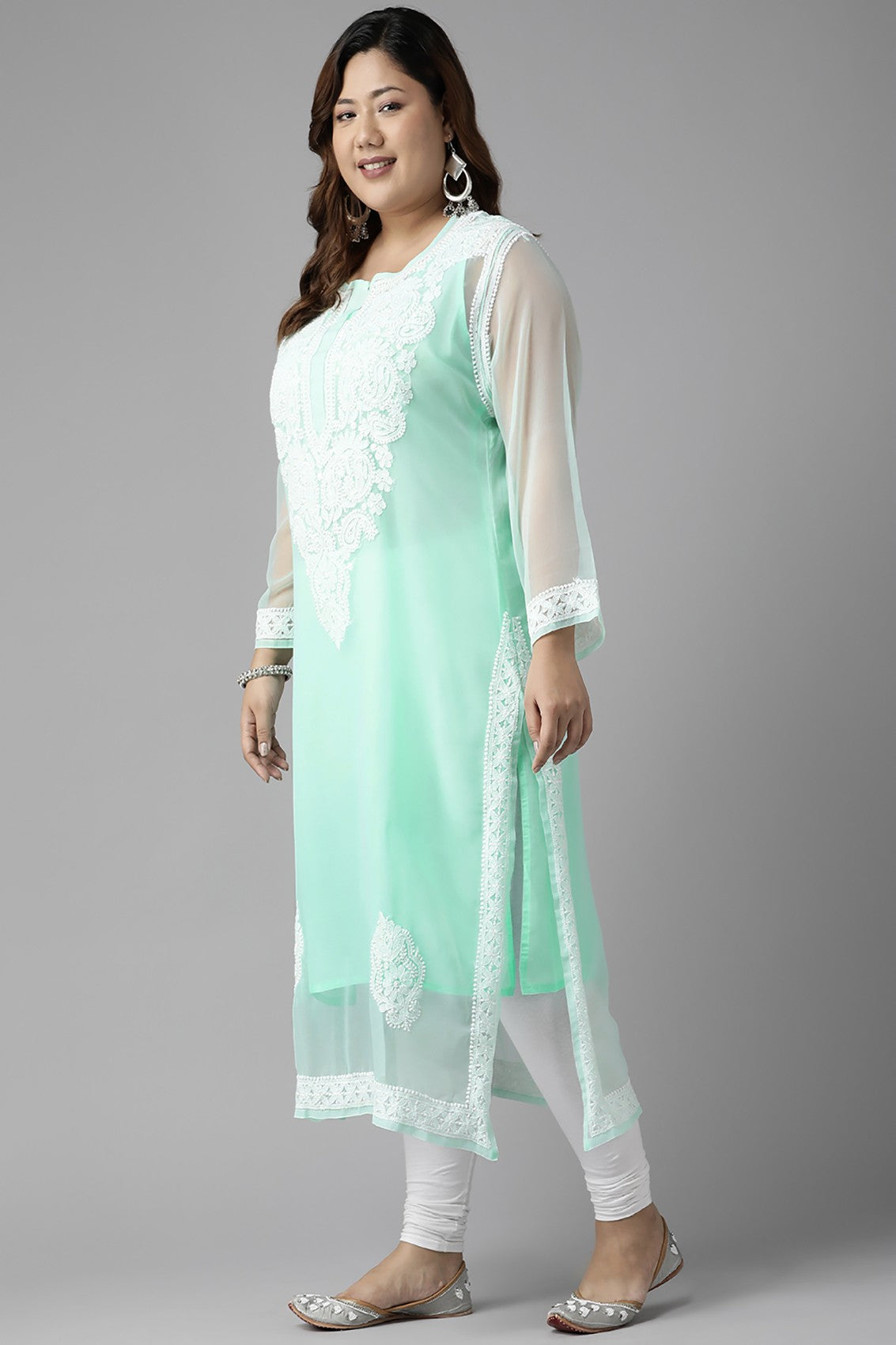 Ada Hand Embroidered Sea Green Georgette Lucknow Chikan Straight Kurta with Slip A411363
