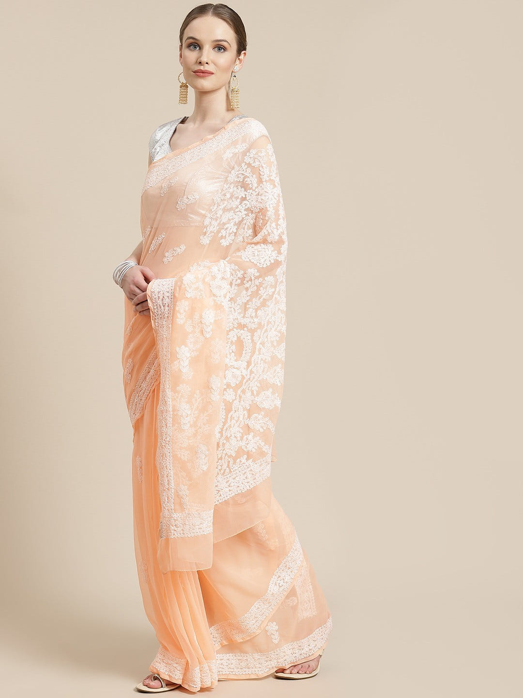 Ada Hand Embroidered Peach Georgette Lucknow Chikan Saree with Blouse A311248