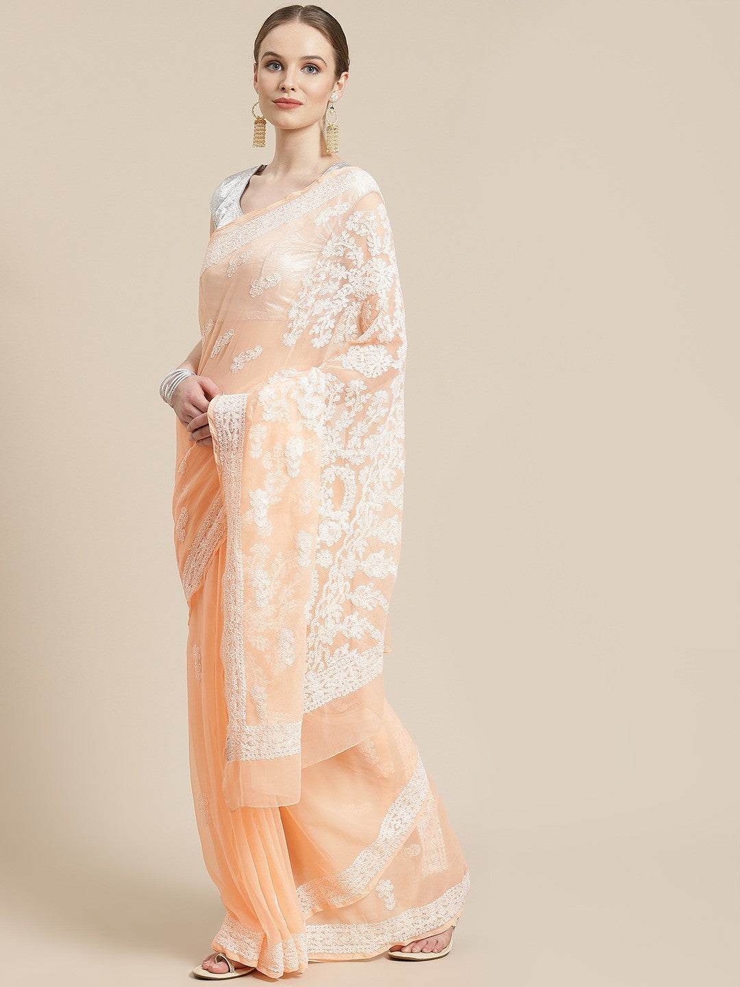 Ada Hand Embroidered Peach Georgette Lucknow Chikan Saree with Blouse A311248
