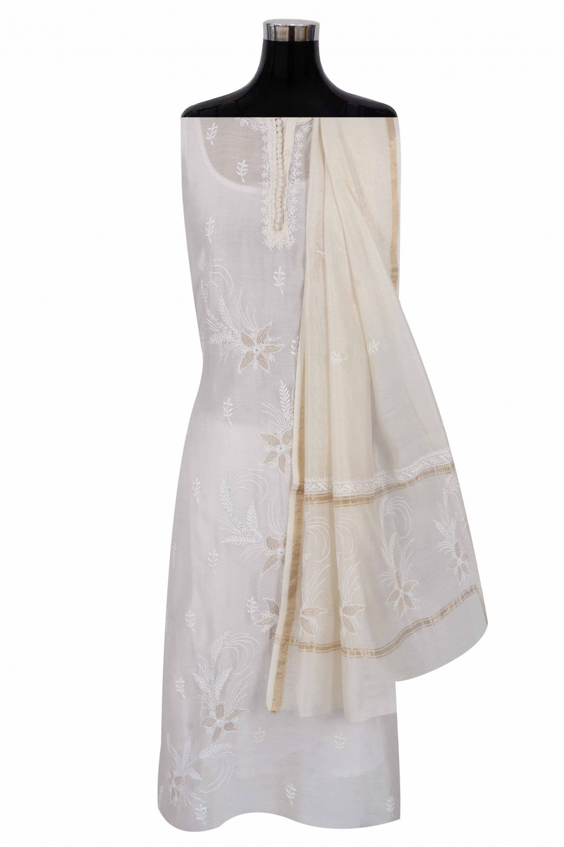 Ada Hand Embroidered Off White Chanderi Lucknowi Chikankari Semi-Stitched Kurta Dupatta Set With Zari Work 01A216282