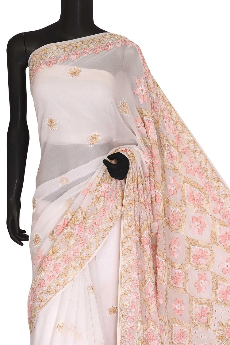 Ada Hand Embroidered Off White Georgette Lucknowi Chikankari Saree with Blouse A610322