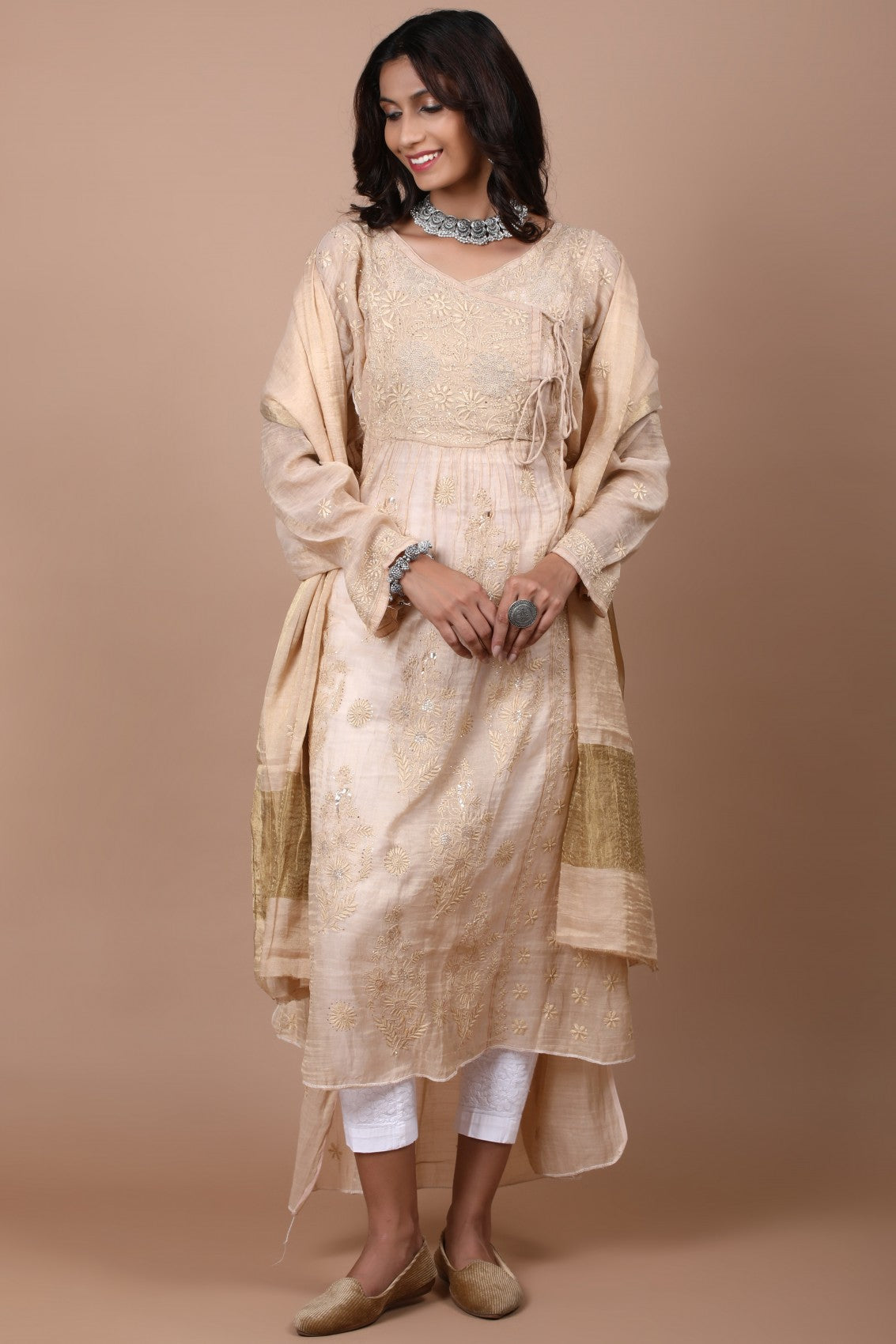 Ada Hand Embroidered Natural Fawn Tissue Lucknowi Chikankari Semi-stitched Kurta Dupatta Set With Muqaish Work 01A111783