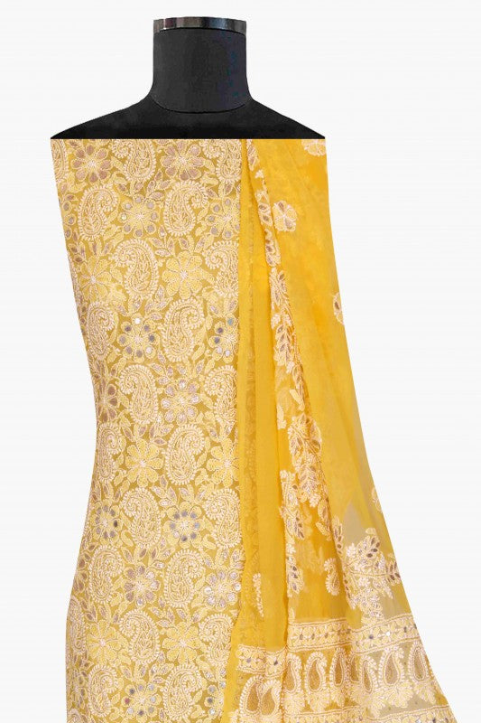 Ada Hand Embroidered Sunglow Yellow Georgette Lucknowi Chikan Unstitched Kurta Dupatta With Gota patti Work A602511