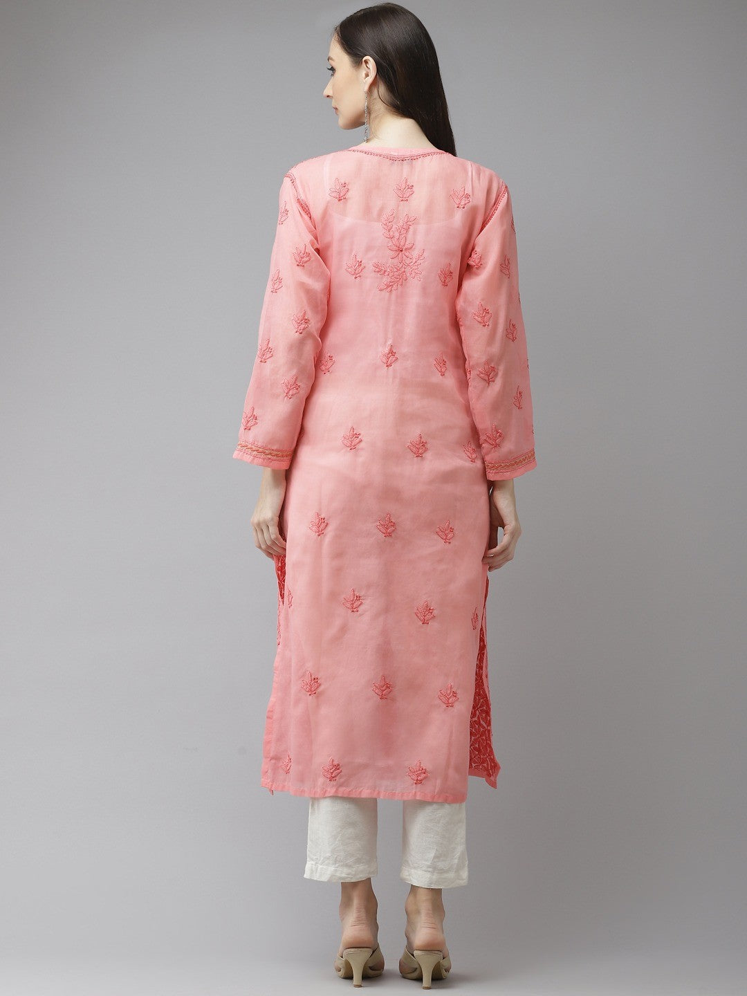 Ada Hand Embroidered Carrot Pink Cotton Lucknow Chikan Kurta A411317