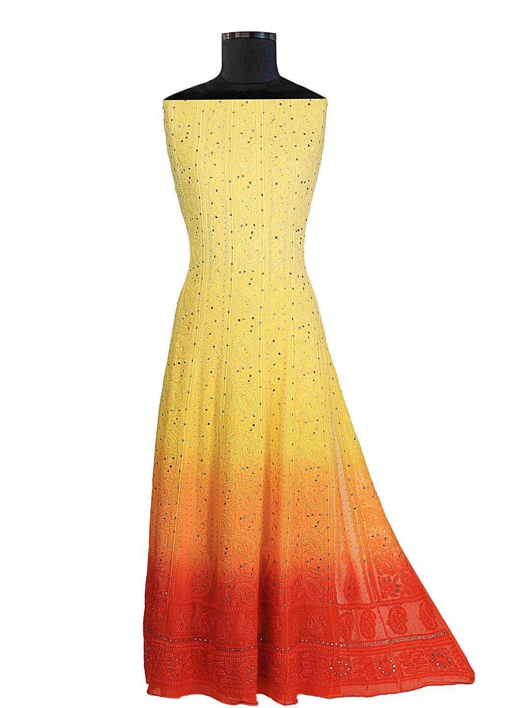 Ada Hand Embroidered Yellow & Orange Shaded Georgette Lucknowi Chikankari Semi-stitched Anarkali Kurta Dupatta Set With Muqaish Work- A608779