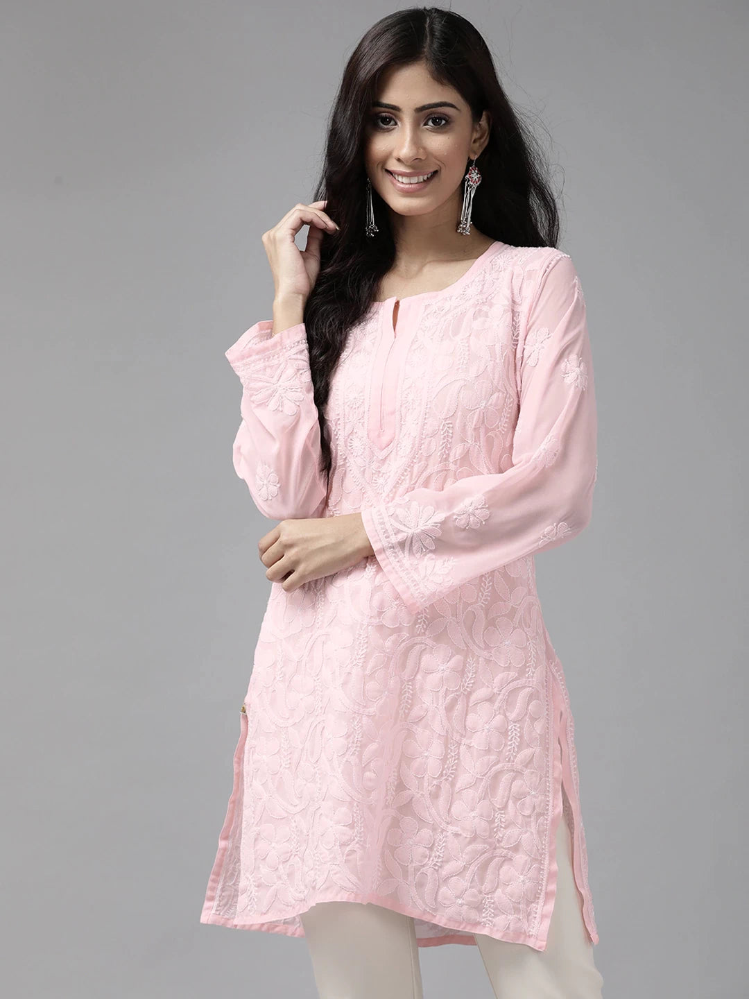 Ada Hand Embroidered Pink Georgette Lucknow Chikan Kurti A911128