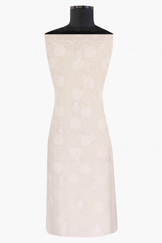 Ada Hand Embroidered White Pure Georgette Lucknowi Chikan Unstitched Kurta Dupatta Set With Muqaish Work-A610887