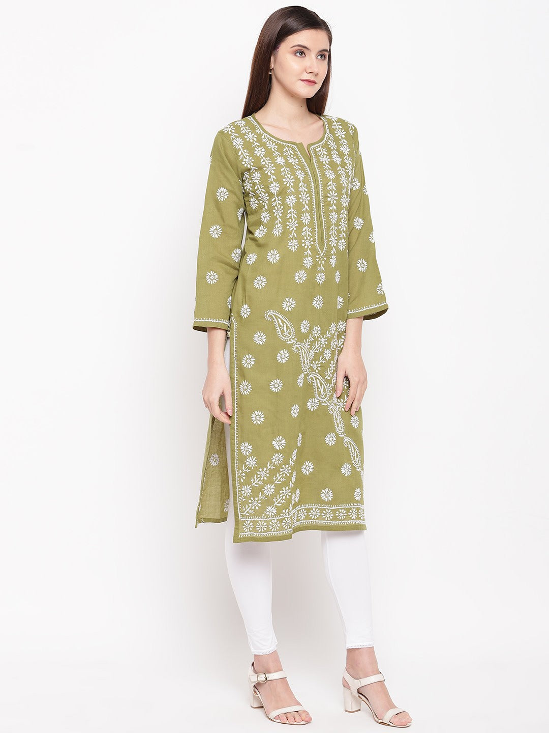 Ada Hand Embroidered Mehndi Green Cotton Lucknow Chikankari Straight Kurta - A100293