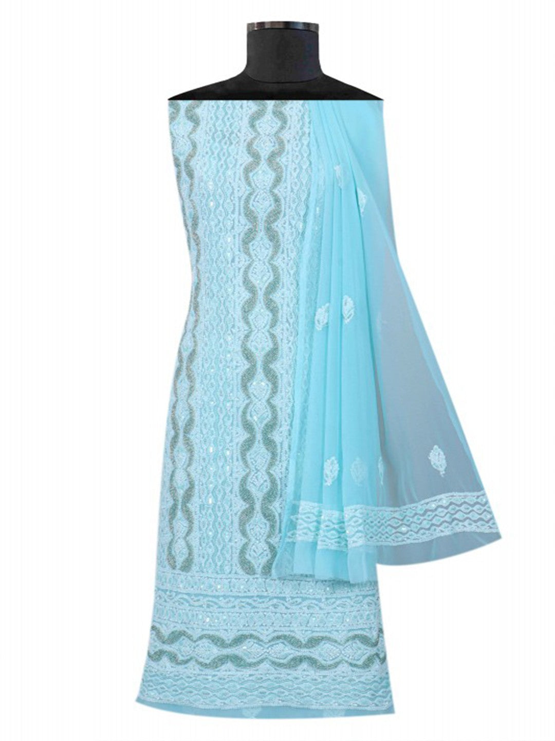 Ada Hand Embroidered Pastel Blue Georgette Lucknowi Chikankari Unstitched Suit Piece With Pearl Work 01A172899