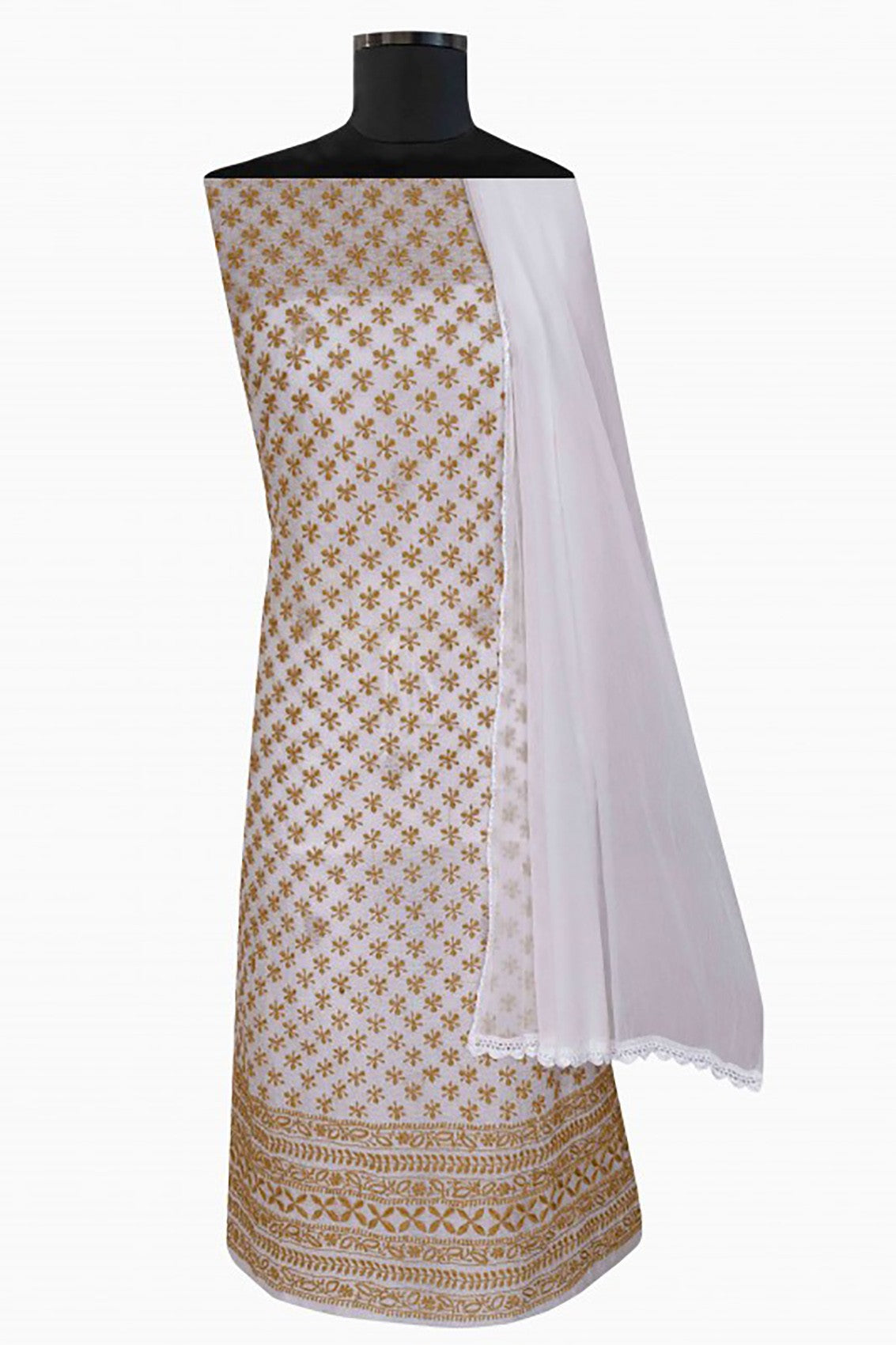 Ada Hand Embroidered White Net Lucknowi Chikankari Unstitched Suit Piece A618971