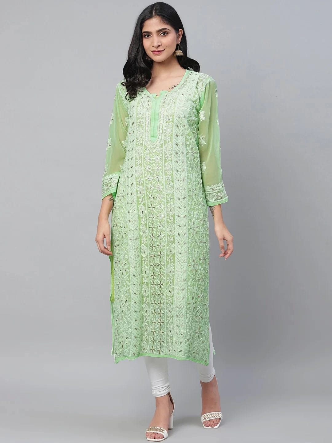 Ada Hand Embroidered Green Georgette Lucknowi Chikankari Straight Kurta/Slip With Gota Patti Work A411110
