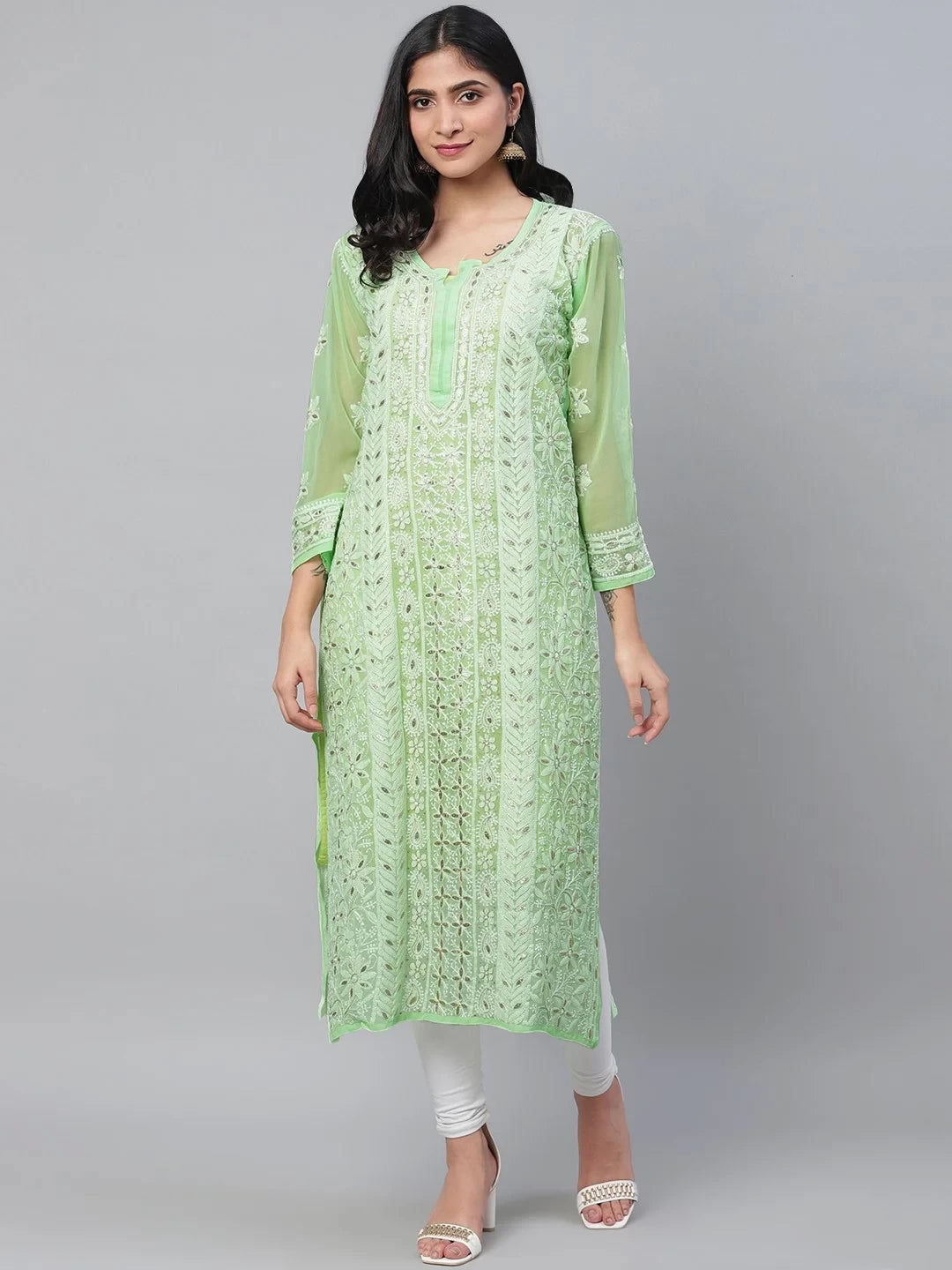 Ada Hand Embroidered Green Georgette Lucknowi Chikankari Straight Kurta/Slip With Gota Patti Work A411110