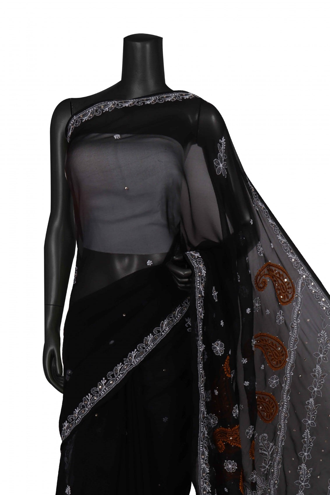 Ada Hand Embroidered Black Georgette Lucknowi Chikankari Saree/Blouse With Muqaish Work A204201