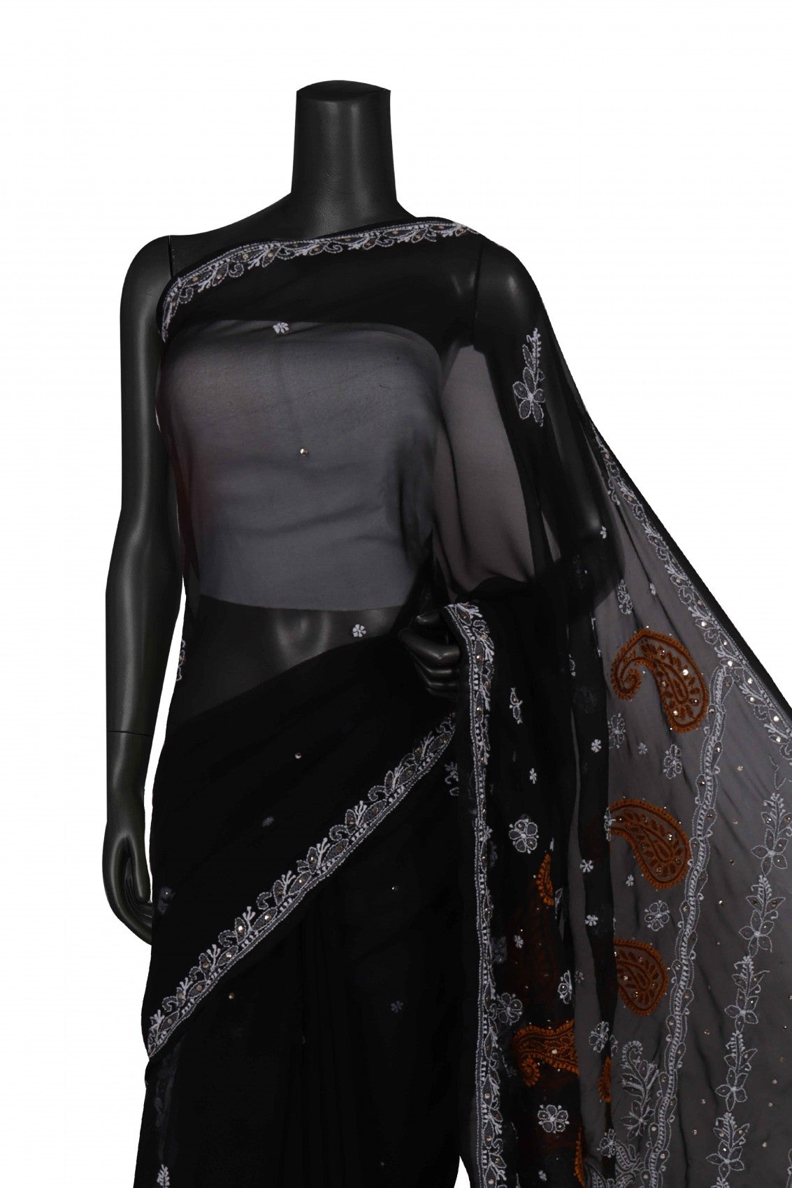 Ada Hand Embroidered Black Georgette Lucknowi Chikankari Saree/Blouse With Muqaish Work A204201