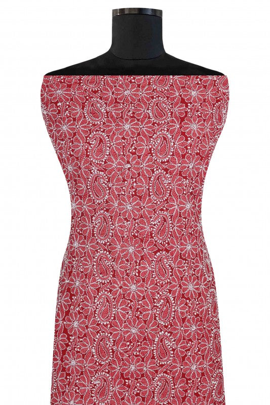 Ada Hand Embroidered Red Georgette Chikan Unstitched Kurta Piece-A315132