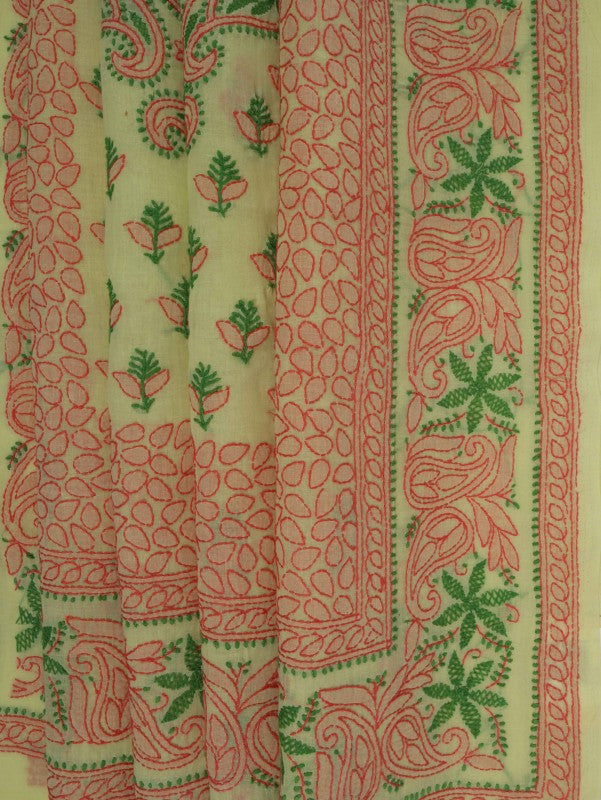 Ada Hand Embroidered Lemon Cotton Lucknowi Chikankari Saree With Blouse A239628