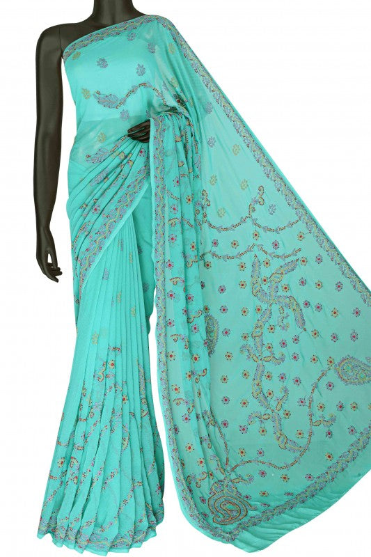 Ada Hand Embroidered Sea Green Georgette Lucknowi Chikankari Saree with Blouse A599500