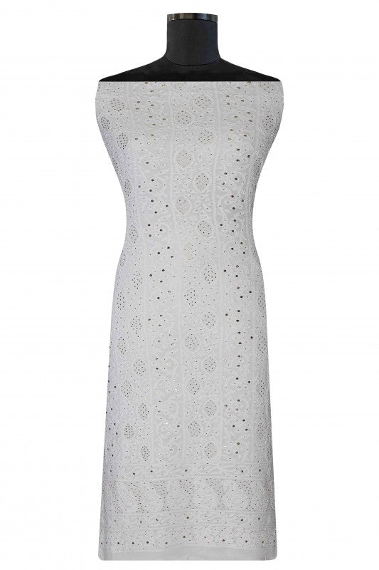 Ada Hand Embroidered White Georgette Lucknowi Chikan Unstitched Kurta Piece with Muqaish Work A370787