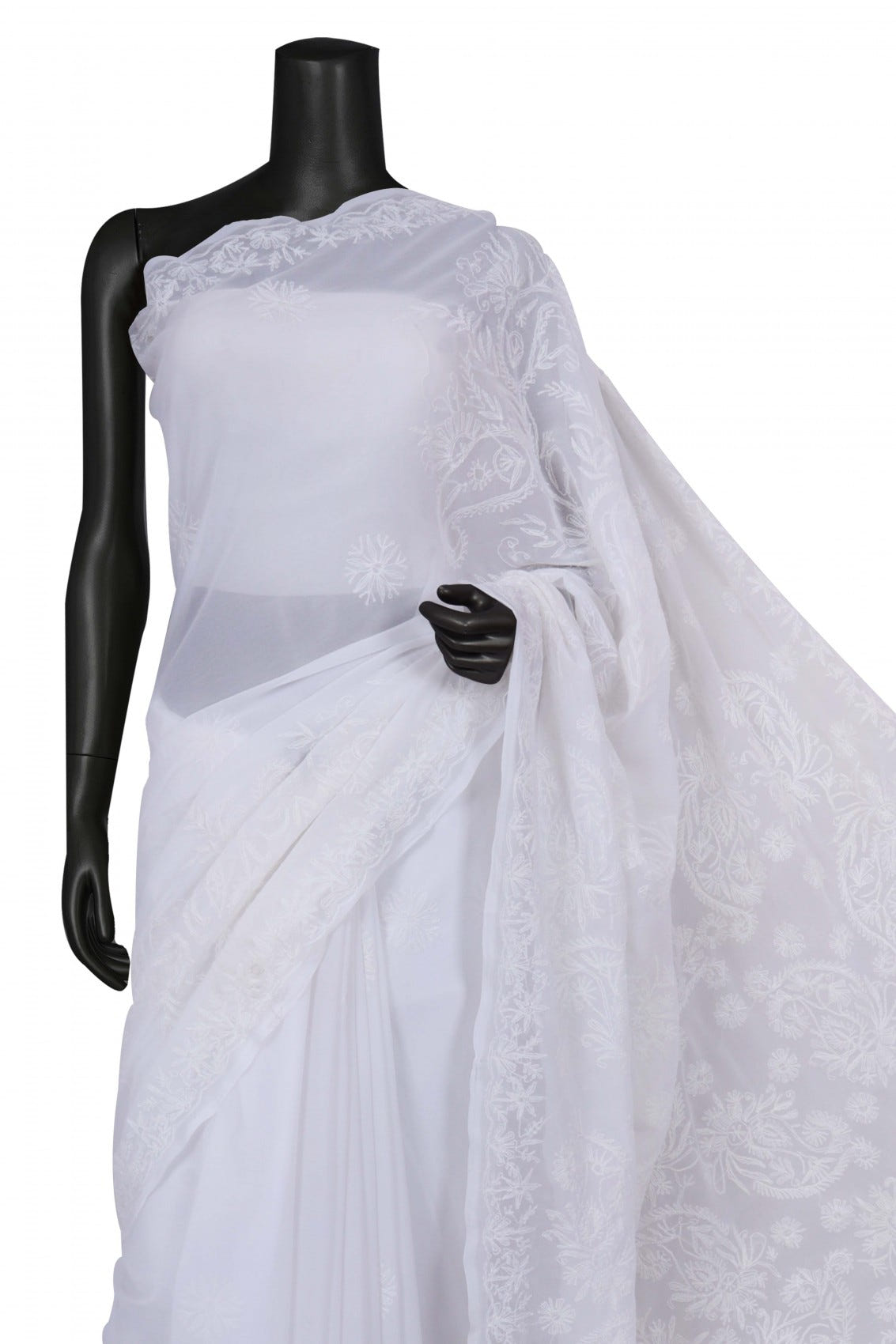 Ada Hand Embroidered White Georgette Lucknowi Chikankari Saree With Blouse A119578