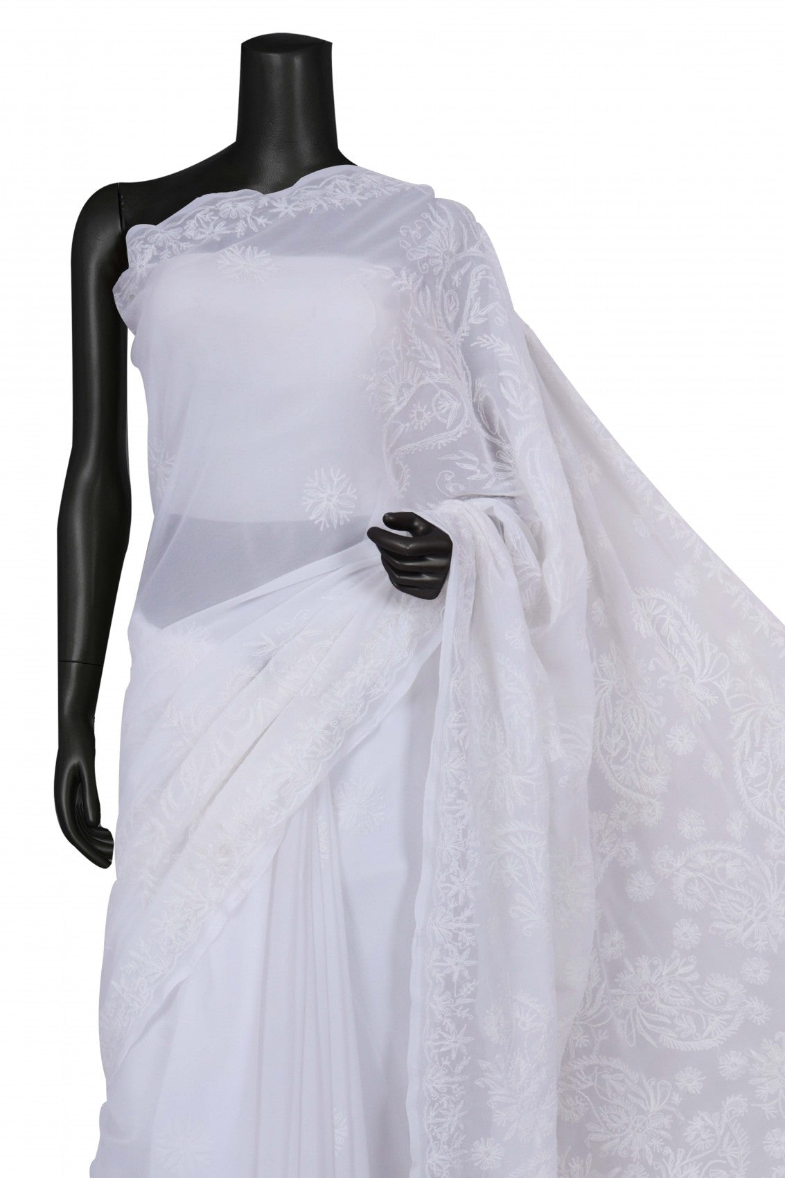 Ada Hand Embroidered White Georgette Lucknowi Chikankari Saree With Blouse A119578