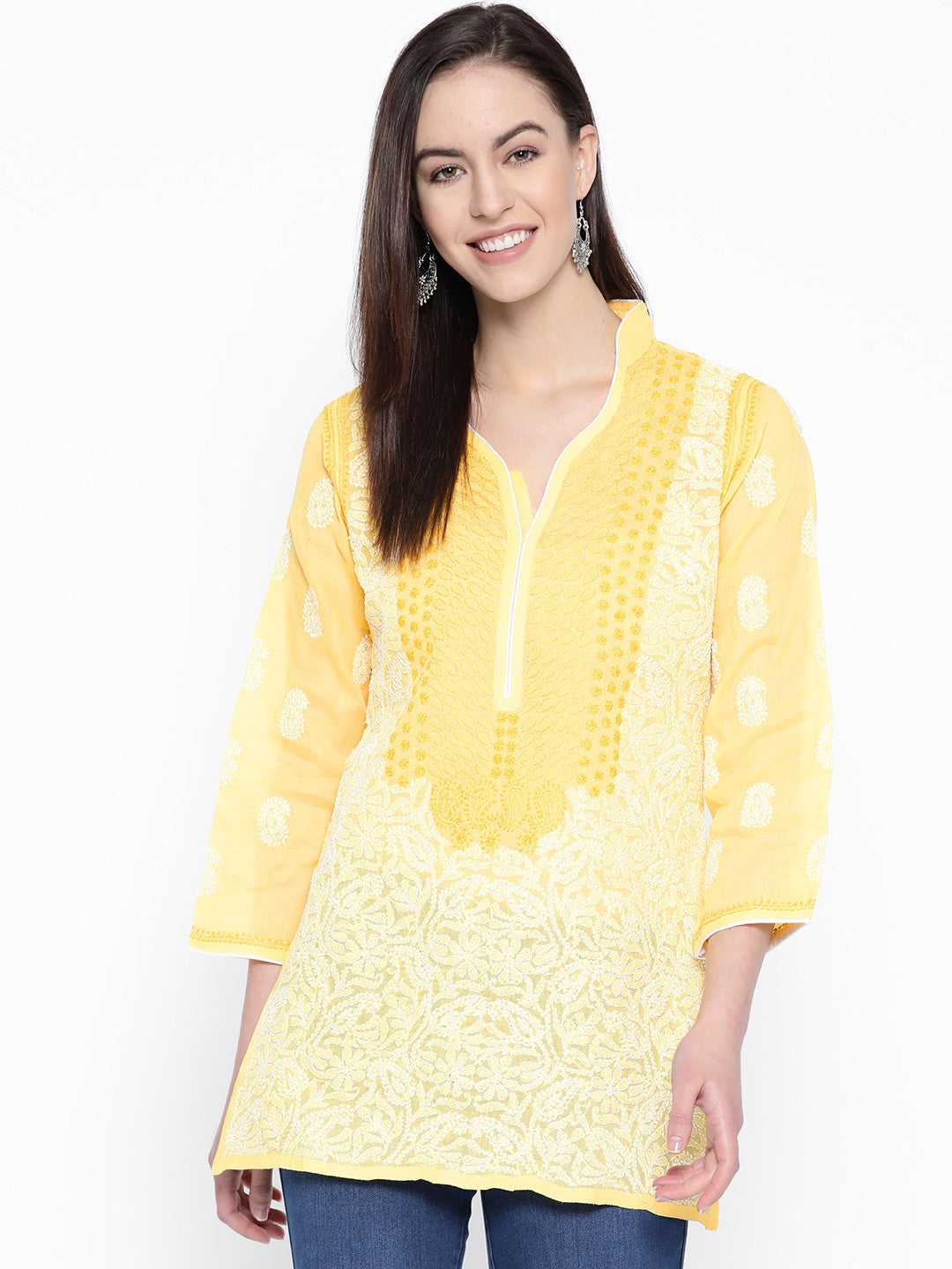 Ada Hand Embroidered Yellow Cotton Lucknow Chikan Kurti– A100222