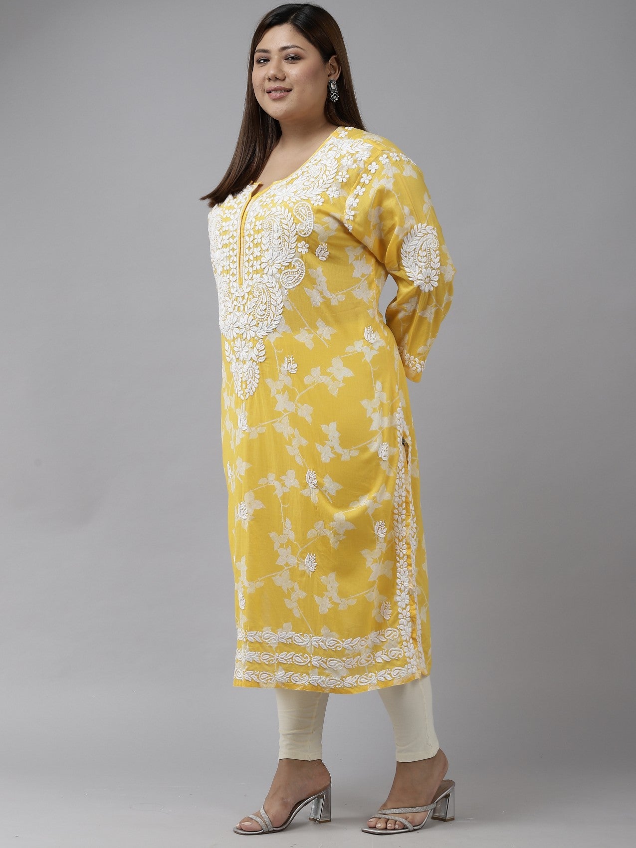 Ada Hand Embroidered Yellow Cotton Lucknowi Chikan Kurta A411268