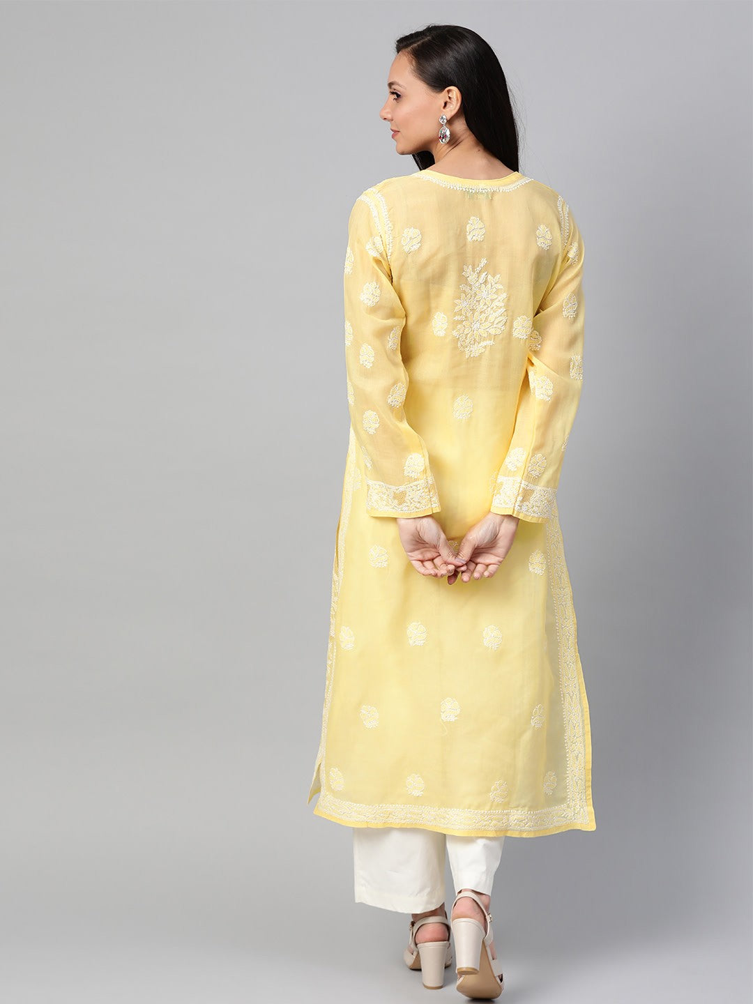 Ada Hand Embroidered Yellow Cotton Lucknowi Chikankari Straight Kurta A100538