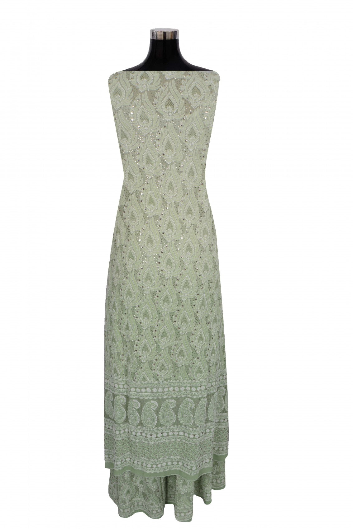 Ada Hand Embroidered Tea Green Pure Georgette Lucknowi Chikankari Semi-Stitched Suit Set With Muqaish Work A77998