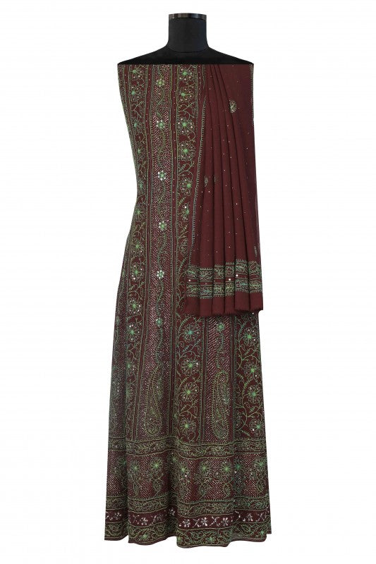 Ada Hand Embroidered Wine Pure Georgette Semi Stitched Anarkali Kurta Dupatta Set with Muqaish Work A615855