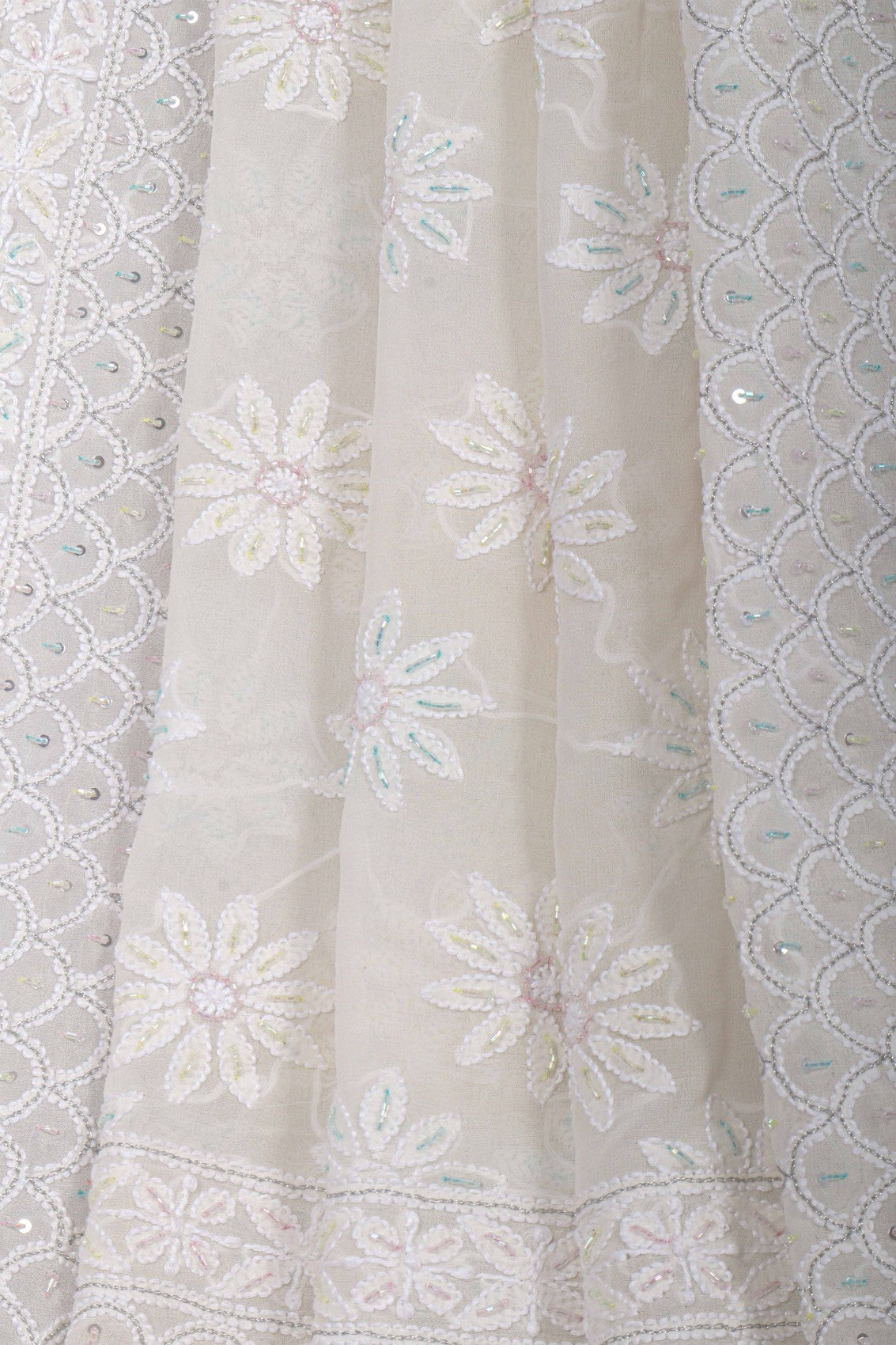 Ada Hand Embroidered White Pure Georgette Lucknowi Chikankari Dupatta With Cutdana Work 01A162503