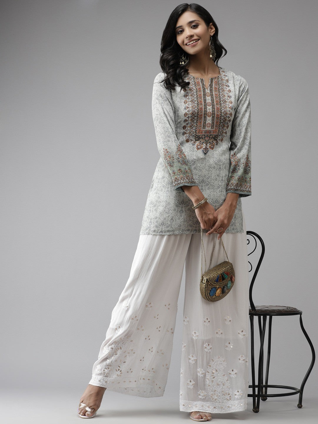 Ada Hand Embroidered White Georgette Lucknowi Chikankari Palazzo With Gota Patti Work A711143