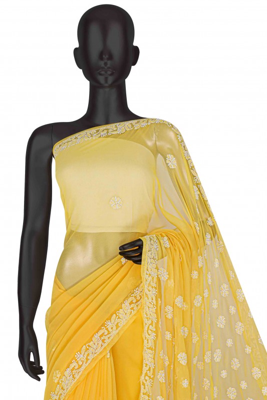Ada Hand Embroidered Yellow Georgette Lucknowi Chikankari Saree with Blouse A621633