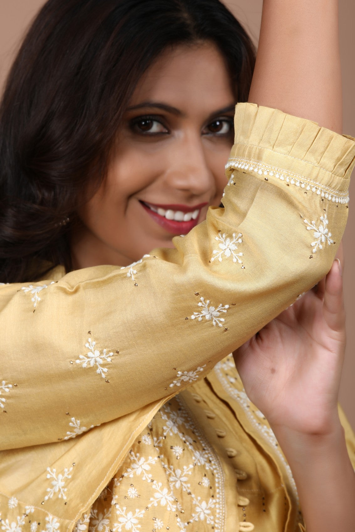 Ada Hand Embroidered Fawn Chanderi Lucknowi Chikankari Semi-Stitched Kurta/Jacket With Muqaish Work A597291