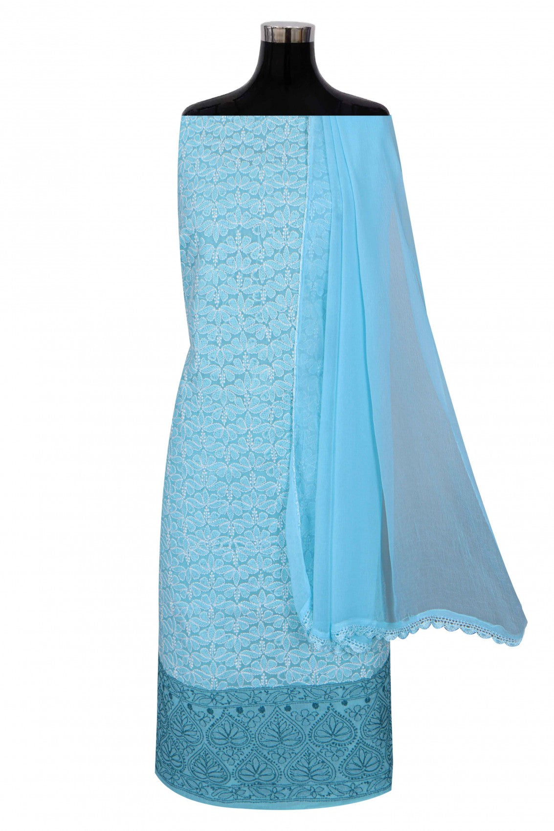 Ada Hand Embroidered Sky Blue Cotton Lucknowi Chikankari Unstitched Suit Piece 01A189033