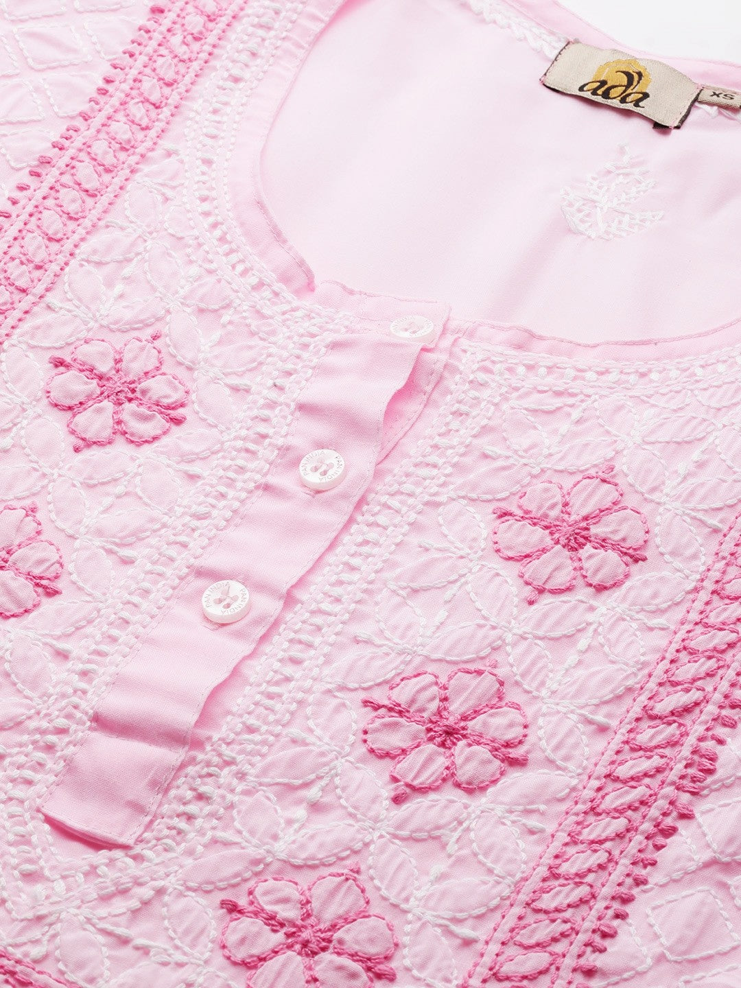 Ada Hand Embroidered Baby Pink Cotton Lucknowi Chikankari Straight Kurti A911241