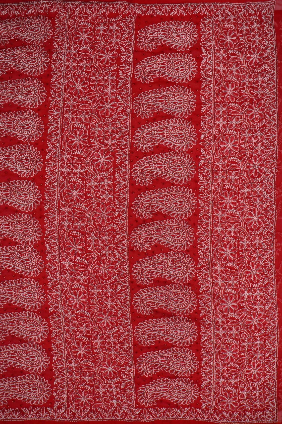 Ada Hand Embroidered Red Georgette Lucknowi Chikankari Saree/Blouse With Cutdana Work 01A204577