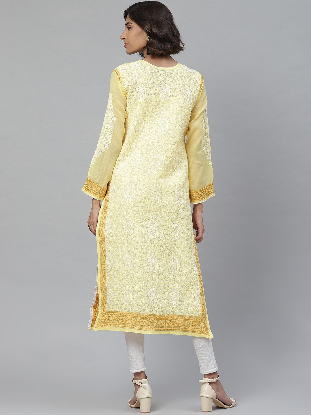 Ada Hand Embroidered Yellow Cotton Lucknowi Chikankari Straight Kurta A411134